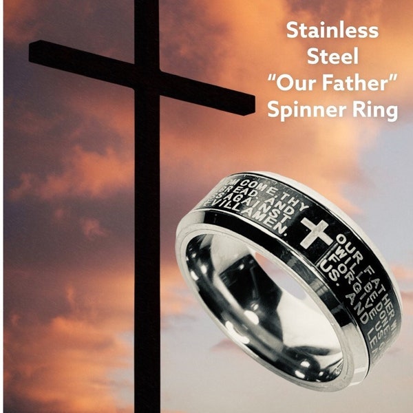 Confirmation Gifts for Boys Our Father Lord's Prayer Ring Rotating Spinning Cross Ring for Men Adult Baptism RCIA Gift Christian Ring
