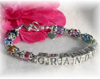 Personalized Grandmother Grandma Name Birthstone Bracelet Sterling Silver Fine Austrian Crystal