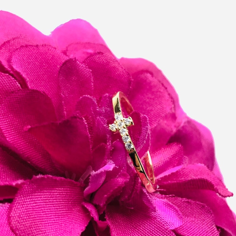 First Communion Gold Filled Sterling Silver Ring With CZ Sideways Cross ...