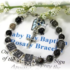 Personalized BABY Boy Rosary Bracelet Baptism Christening New Baby Shower Gift Silver Leaf Jasper