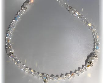 First Communion Fine Austrian Crystal Rondelle Pearl Necklace Sterling Silver Cross Flower Girl