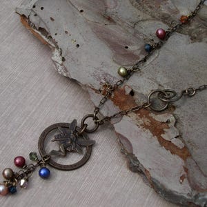 One of a Kind Boutique Necklace Fairy Brass Crystal Pearl Necklace