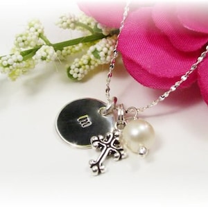 Girls Teens Confirmation Stamped Initial Necklace with Cross and Birthstone or Pearl