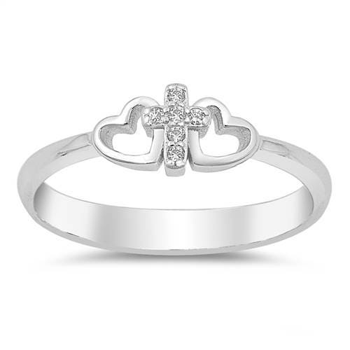 Anillo de Primera Comunion en Plata de Ley con Cruz de Cristal CZ y Corazones Talla 5