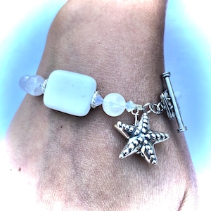 One of a Kind Boutique Bracelet 925 Egyptian White Turquoise Gemstones Snow Quartz Fine Austrian Crystal