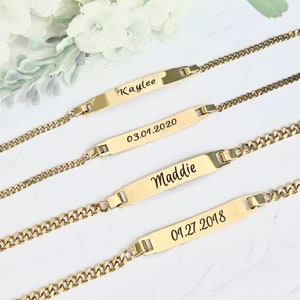 Baptism Bracelet Boy or Girl Engraved ID Name Gold or Silver Adjustable Minimalist