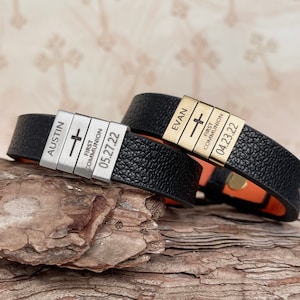 Boys First Communion Gift Engraved Leather Bracelet ADJUSTABLE