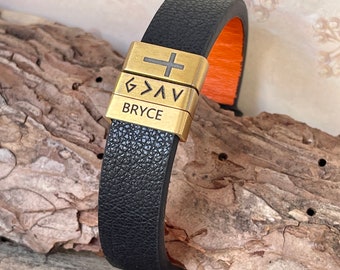 Boys Confirmation Gift Engraved Leather Bracelet God is Greater ADJUSTABLE