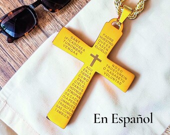 Spanish Lords Prayer Cross Necklace Español El Padre Nuestro GOLD