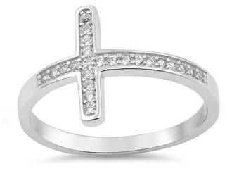 Confirmation Sterling Silver Ring with Inlaid CZ Sideways Cross Size 7