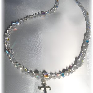 First Communion Fine Austrian Crystal Pearl Necklace Sterling Silver Cross Flower Girl