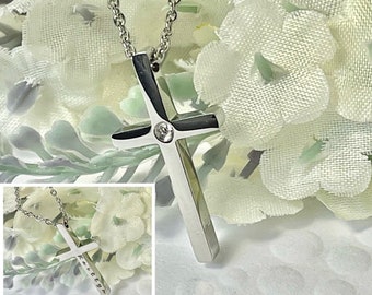 Girls Personalized First Communion Necklace Cross with Crystal Accent Religious Engraved Gift