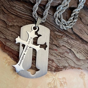 Mens Personalized NAME Engraved Cutout Dogtag Cross Necklace