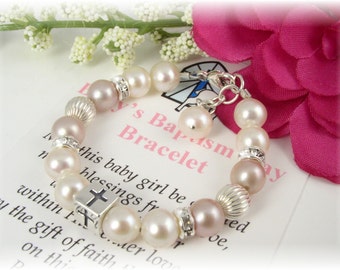 BABY Girl Baptism Christening Bracelet Freshwater Pearls Sterling Silver Cross Bead