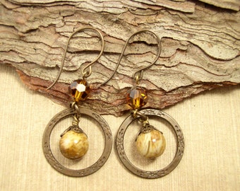 Messing Ohrringe, Jaspis & Kristall Herbst Schmuck