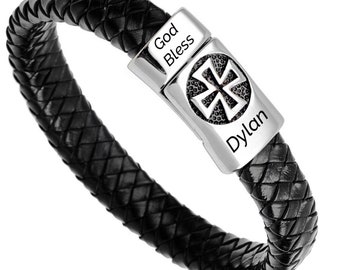 Boys Confirmation Leather Engraved Cross Bracelet GOD BLESS