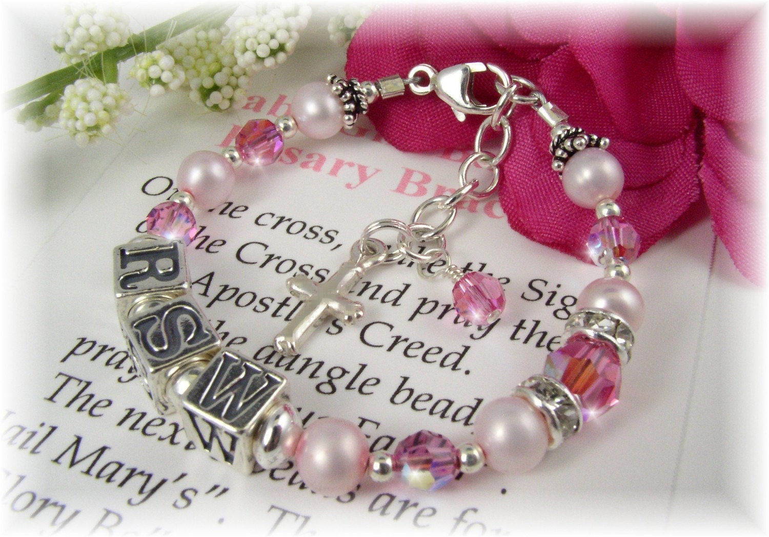Personalized BABY Rosary Bracelet Baptism Christening New Baby Shower Gift Pink Freshwater Pearl Fine Austrian Crystal