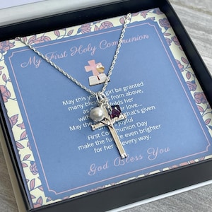 Girls First Communion Birthstone Necklace Cross with Dove Sterling Pendant Religious Gift