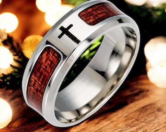 Religiöses Weihnachtsgeschenk | Kreuz Ring für Männer Woodgrain | 925 Sterling Silber Ring | Edelstahl Herrenring | Freund Geschenk | Christlicher Ring
