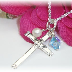 Girls Confirmation Birthstone Necklace Cross with Dove Sterling Pendant Religious Gift