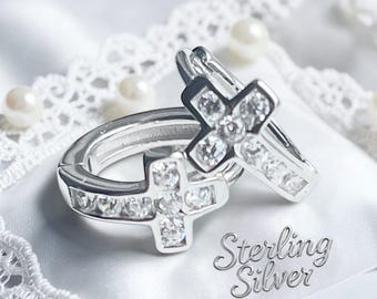 First Communion Sterling Silver CZ Cross Huggie Hoop Earrings