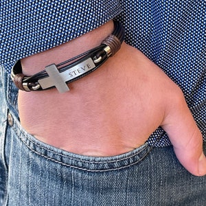 RCIA Gift | Mens Personalized Leather Cross Bracelet | Engraved Cross Name Bracelet | Sponsor Gift | OCIA Gift | Christian Jewelry