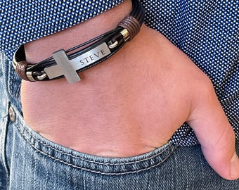 Mens Personalized Leather Engraved Cross Bracelet LG CROSS Name Bracelet