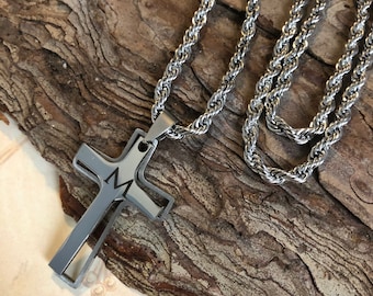 Boys Personalized Confirmation Initial Engraved Cutout Cross Necklace