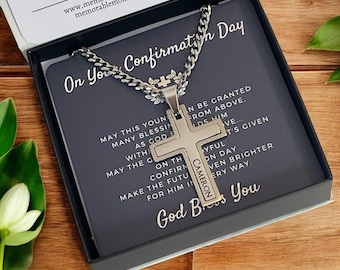 Boys Confirmation Cross NAME Engraved Cutout 2-PC Cross Necklace