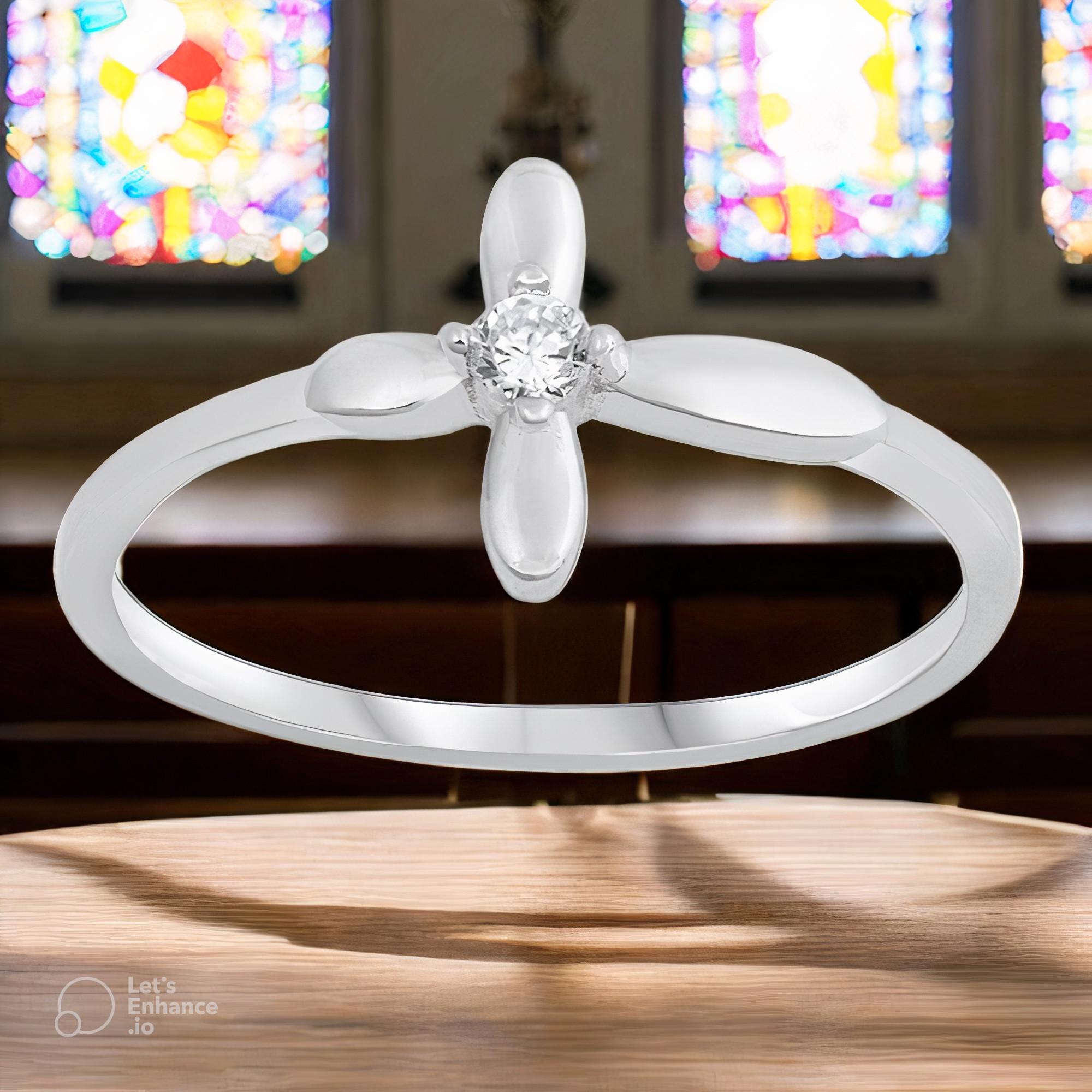 First Communion Sterling Silver Ring With Crystal CZ Sideways Cross ...