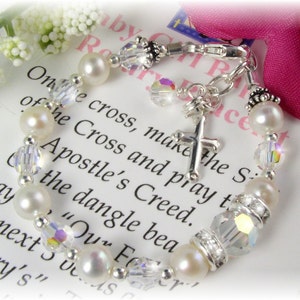 BABY Rosary Bracelet Baptism Christening New Baby Shower Gift Freshwater Pearl Fine Austrian Crystal