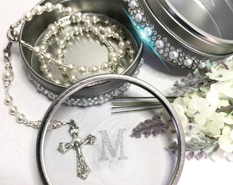 Baptism Personalized Tin Rosary Case Container or Jewelry Box
