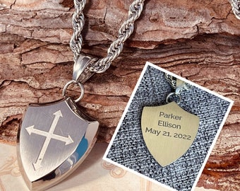 Men’s Cross Shield Necklace Engraved Personalized Gift for Him Dad Husband Uncle Boyfriend Grandfather Father's Day Anniversary