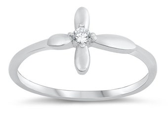 Confirmation Sterling Silver Ring with Crystal CZ Sideways Cross Size 7