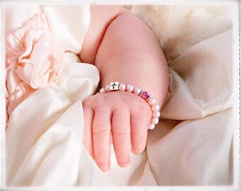 Baby Baptism Bracelet: Pink Pearl, Sterling Silver Cross, Austrian Crystal
