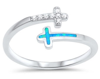 Confirmation Sterling Silver Adjustable Ring with Double CZ and Faux Blue Opal Cross Wrap Style Size 6, 7, 8