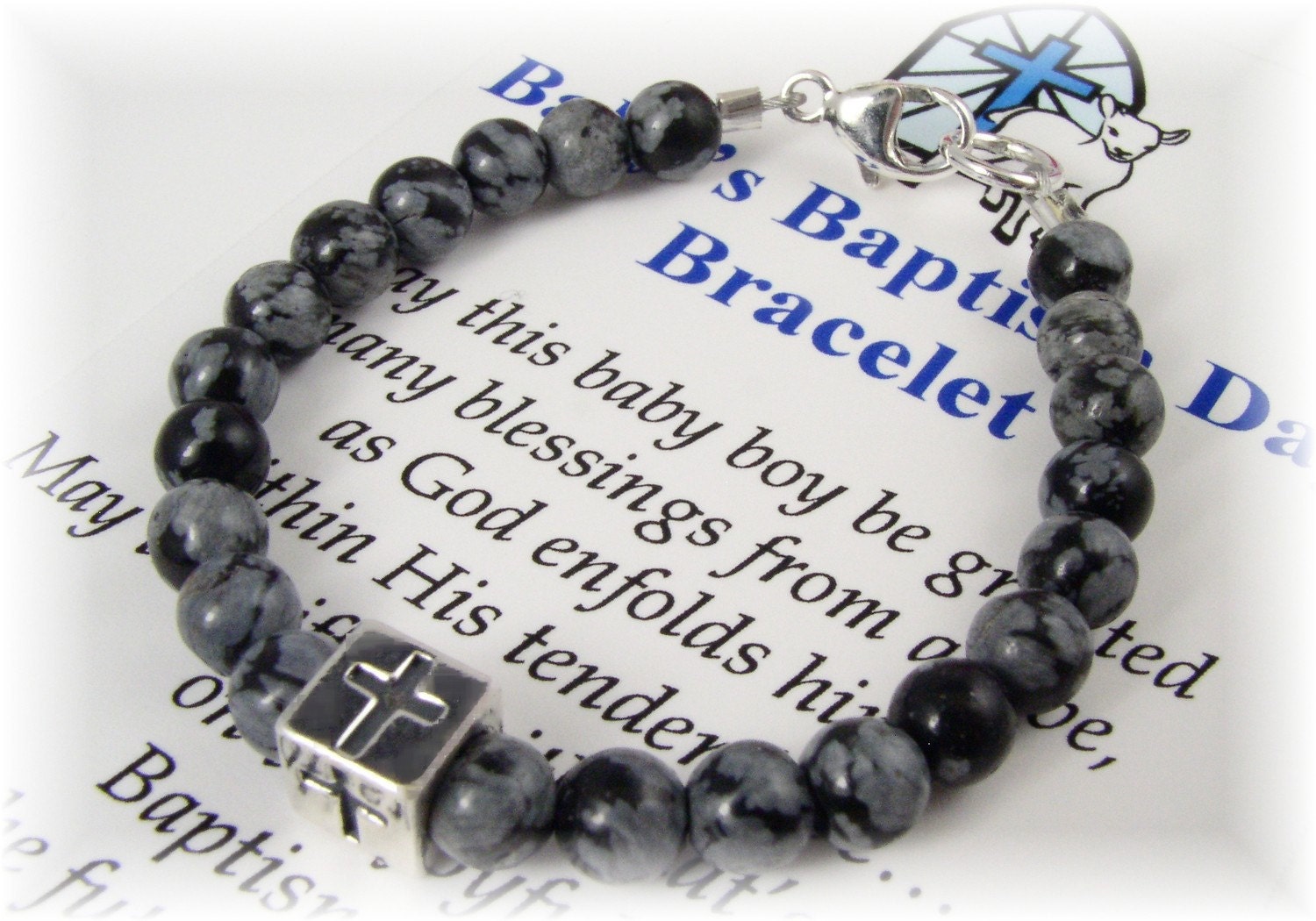 BABY Boy Baptism Bracelet Snowflake Obsidian Black Gemstone Etsy