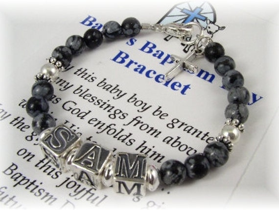 BABY Boy Baptism NAME Bracelet Snowflake Obsidian Black Gemstone Sterling Silver Cross Charm