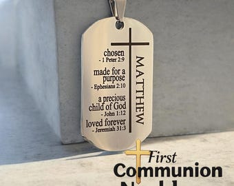 Regalo per la prima comunione dei ragazzi - Collana con targhetta per cani - Collana con versetto della Bibbia - Croce per ragazzi - Collana per la prima comunione - Gioielli cristiani
