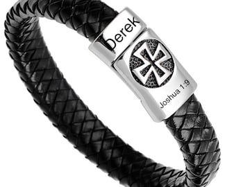 Boys Confirmation Leather Engraved Cross Bracelet JOSHUA 1:9