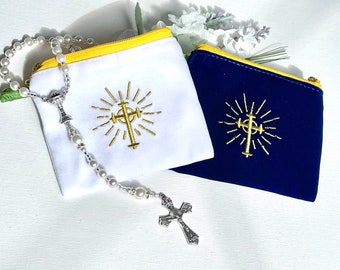 Boys First Communion Rosary Case Pouch Velvet Embroidered Lined Zipper
