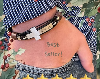 Regalo religioso de Navidad / Pulsera de cuero personalizada cristiana para hombre / Pulsera con nombre en cruz / Pulsera de cuero con cruz cristiana