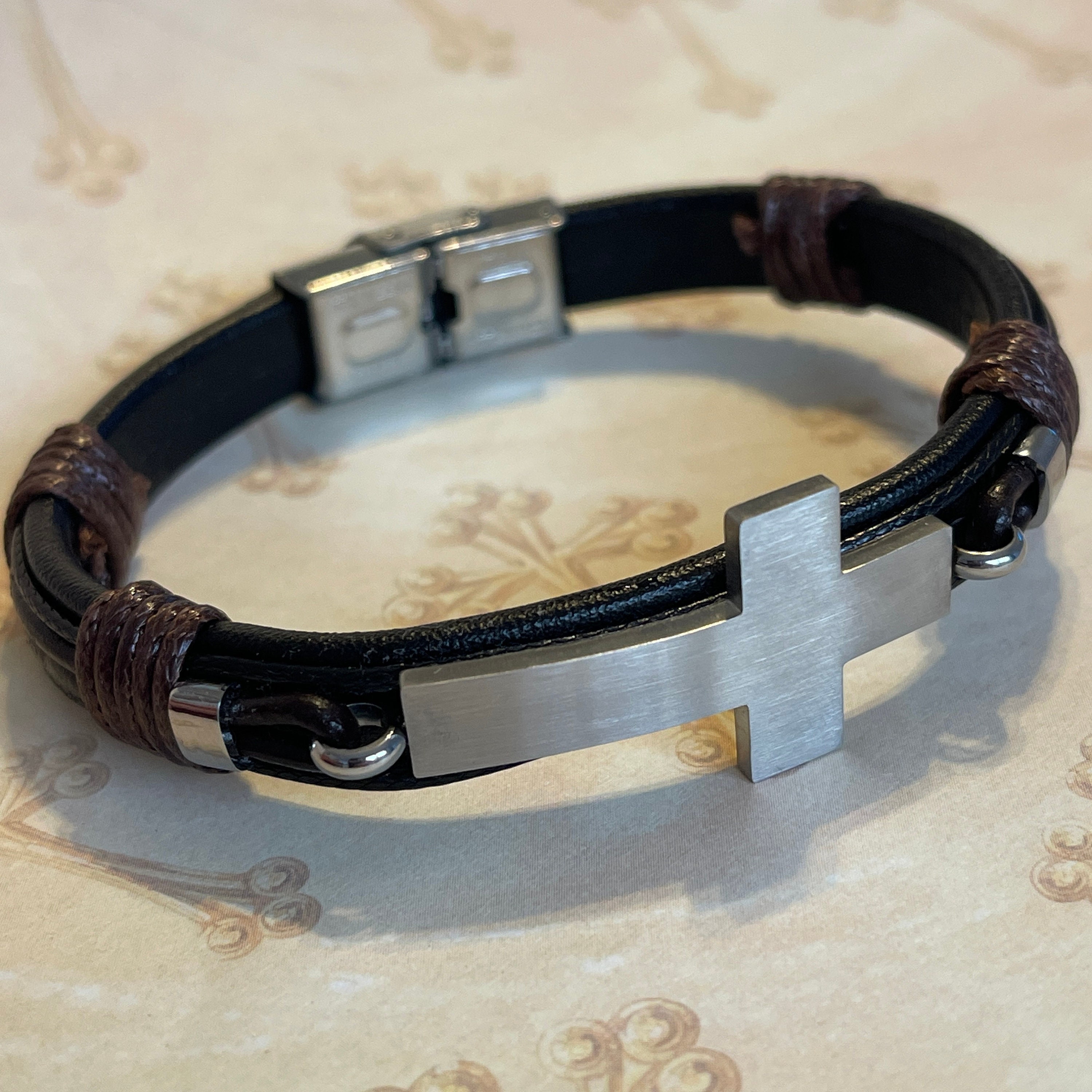 Mens Personalized Leather Engraved Cross Bracelet LG CROSS Name