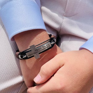 Boys First Communion Leather Engraved Cross Bracelet LG CROSS