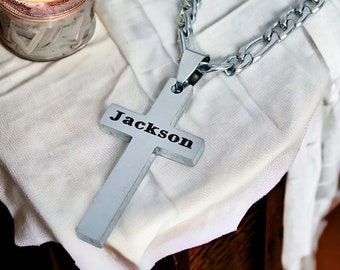 Collana Personalizzata Con Ciondolo A Croce Rettangolare In Acciaio Inox – Incidi Nome O Data – Regalo Per Lui E Lei