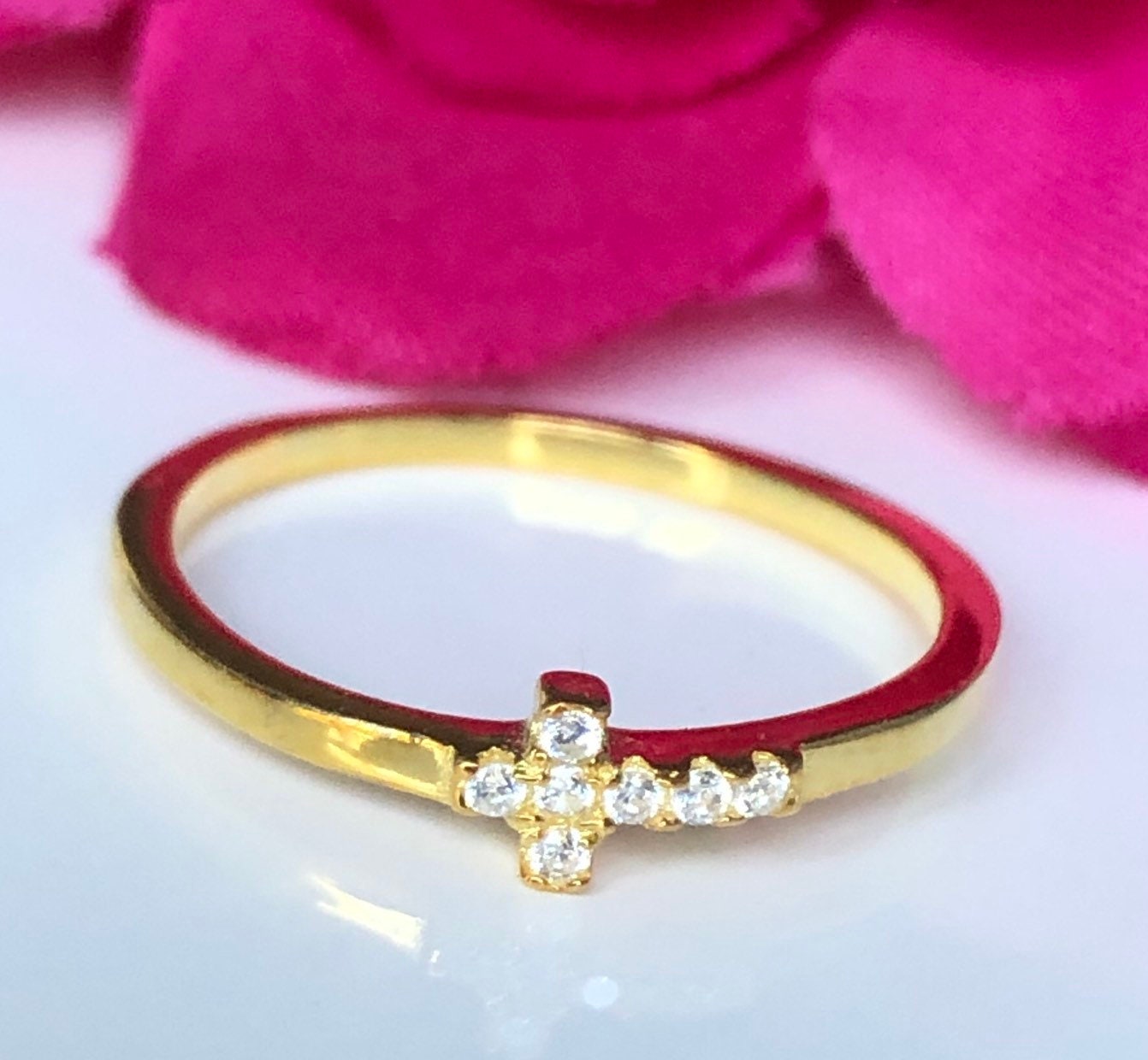 First Communion Gold Filled Sterling Silver Ring With CZ Sideways Cross ...