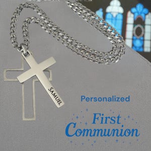 Boys First Communion 2-PC NAME Engraved Cutout Cross Necklace