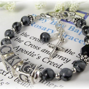 Personalized BABY Boy Rosary Bracelet Baptism Christening New Baby Shower Gift Snowflake Obsidian Black