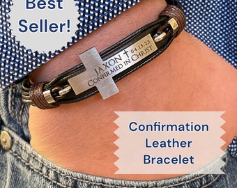 Boys Confirmation Leather Engraved Cross Bracelet LG CROSS