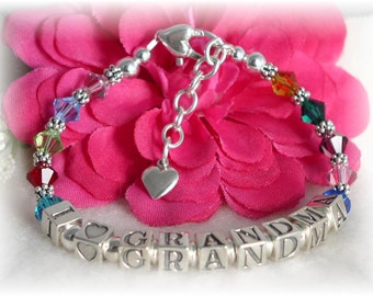 Personalized Grandmother Grandma Name Birthstone Bracelet Sterling Silver Fine Austrian Crystals